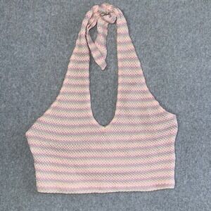 Double Zero Pastel Striped Knit Halter Crop Top Pink Purple Medium DZ22E367